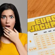 Zaskoczona kobieta patrzy na kupon Eurojackpot. Czy wygrała? Eurojackpot ile za 2?