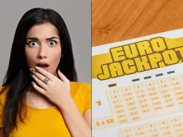 Zaskoczona kobieta patrzy na kupon Eurojackpot. Czy wygrała? Eurojackpot ile za 2?